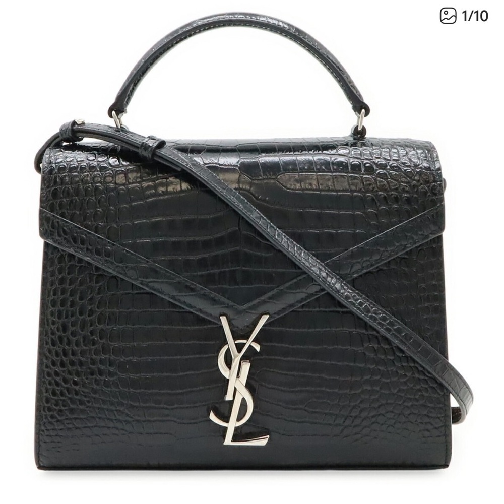 Yves Saint Laurent Black Leather Croc-Embossed Satchel With Top Handle